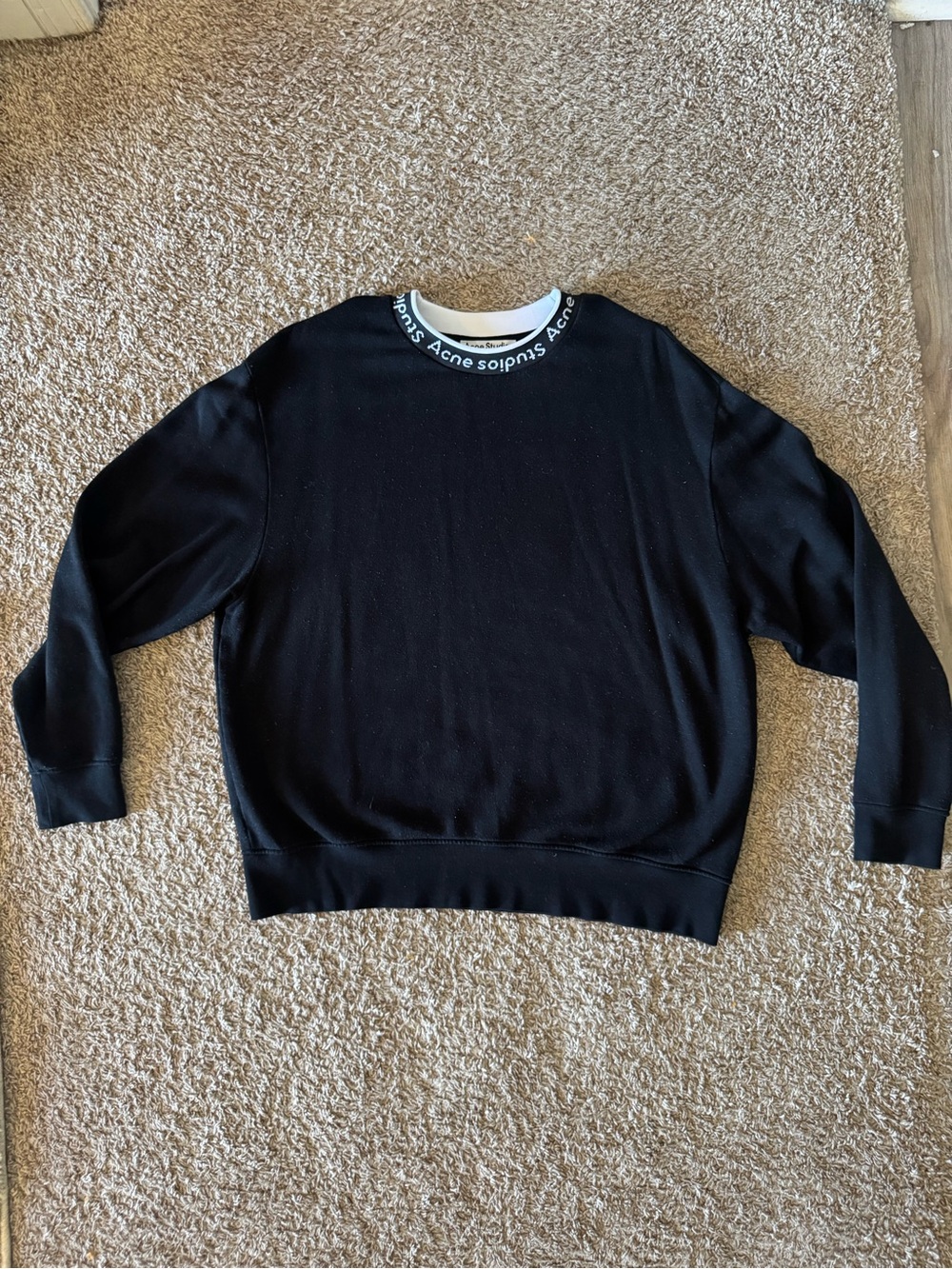 Acne Studios Black Crewneck Sweater with Logo-Trim Collar